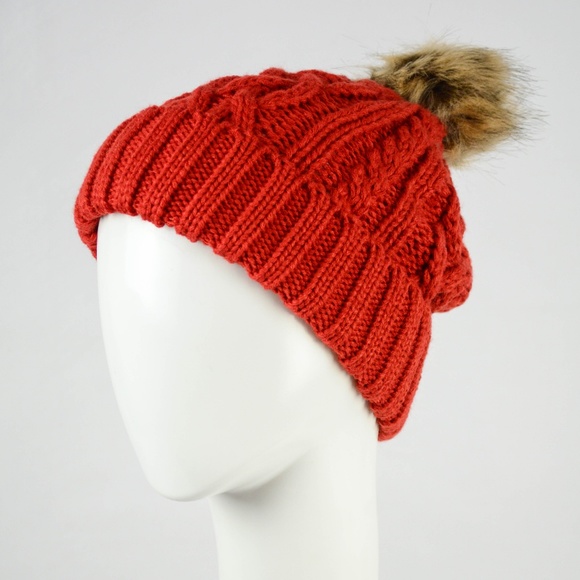 Accessories - Rust cable knit fur pom beanie